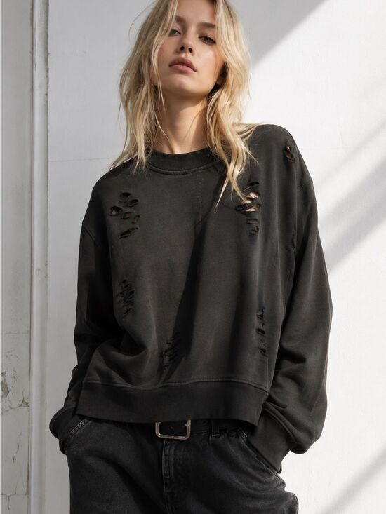 ellie rae Tops - Women's Black Distressed Crewneck Sweatshirt